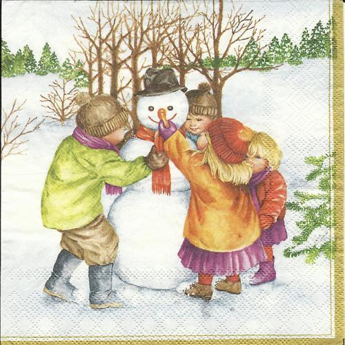 Serviette Kinder bauen einen Schneemann