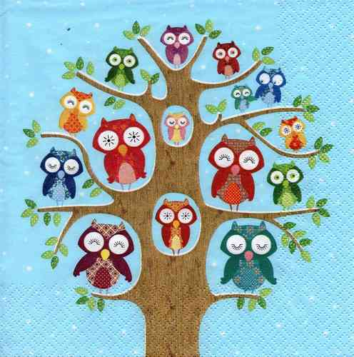 Serviette Owl Family Tree blue