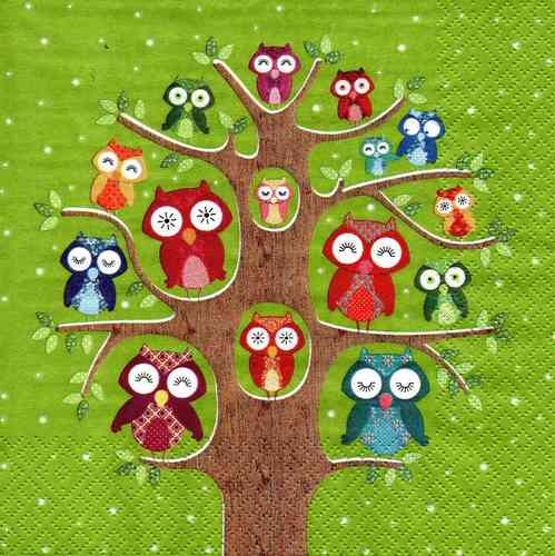 Serviette Owl Family Tree oliv